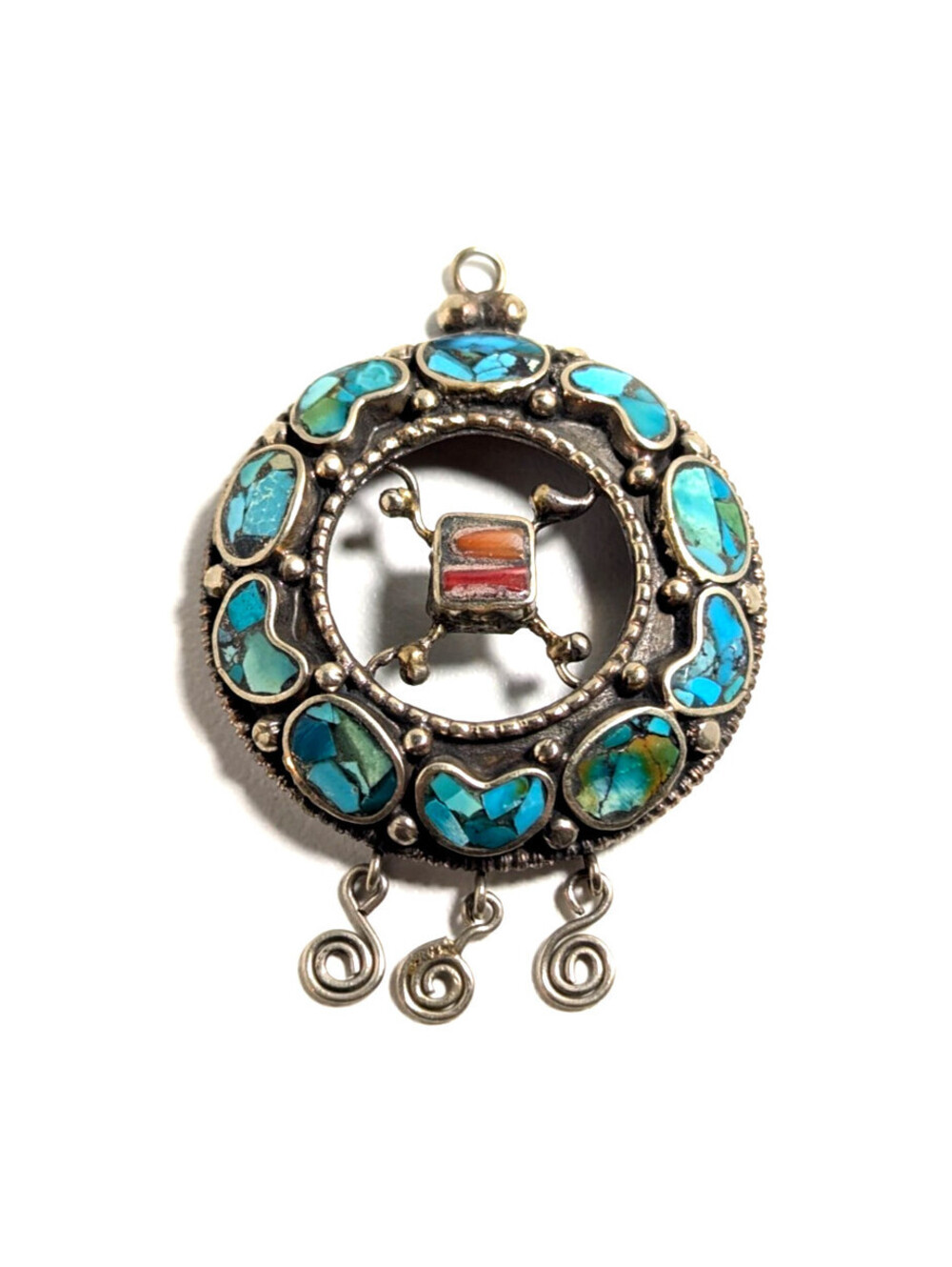 Classic Sterling Silver 925 Bohemian Blue Inlay Round Dangle Pendant 10.08g